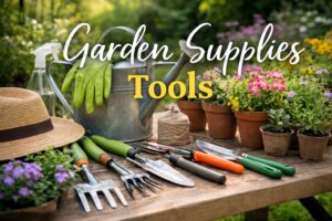 Garden tools and blooms in sunlight