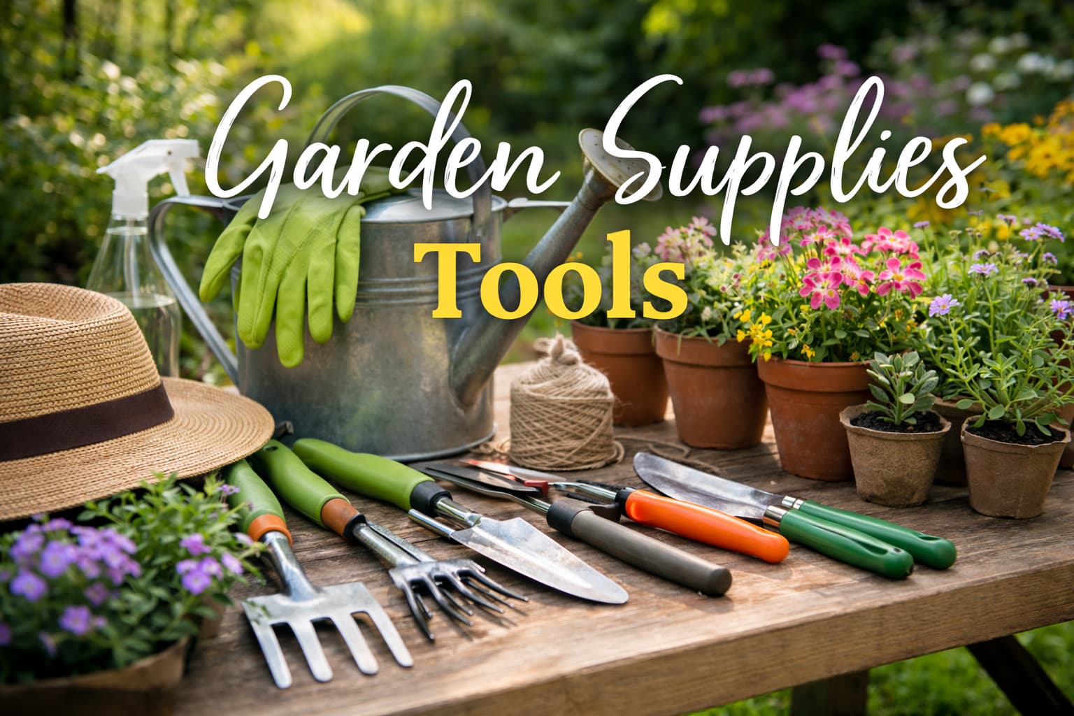 Garden tools and blooms in sunlight